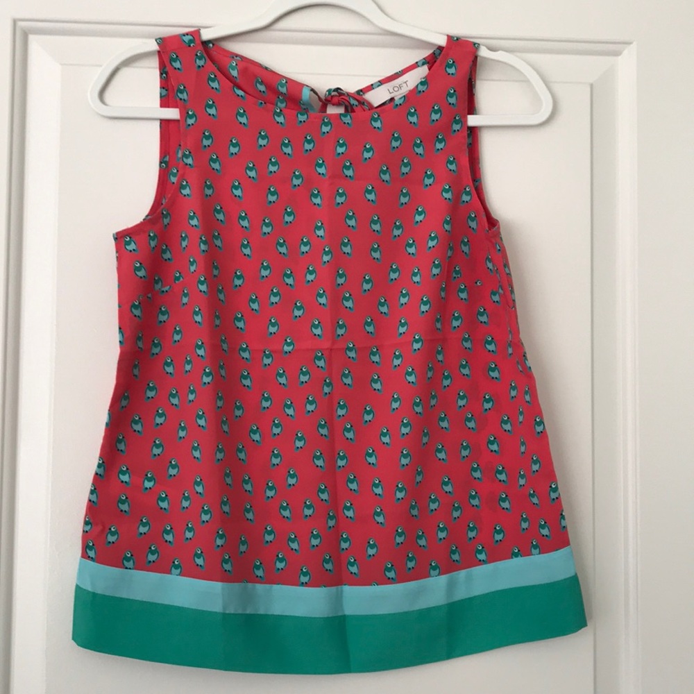 New! LOFT pink bird/parrot print tank/sleeveless blouse, XS petite